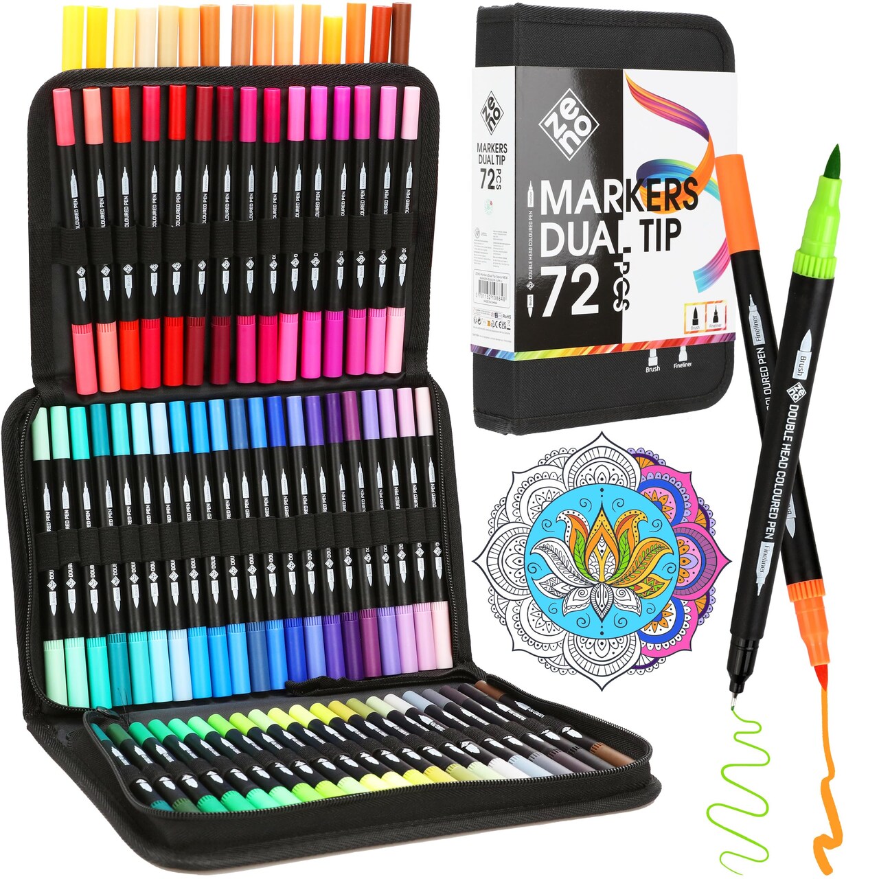 ZENO 72 Dual Tip Markers Set with Case – No-Bleed Art Markers for Adults – Fine & Brush Tips, Watercolor Pens for Artists, Journaling, and Creative Projects